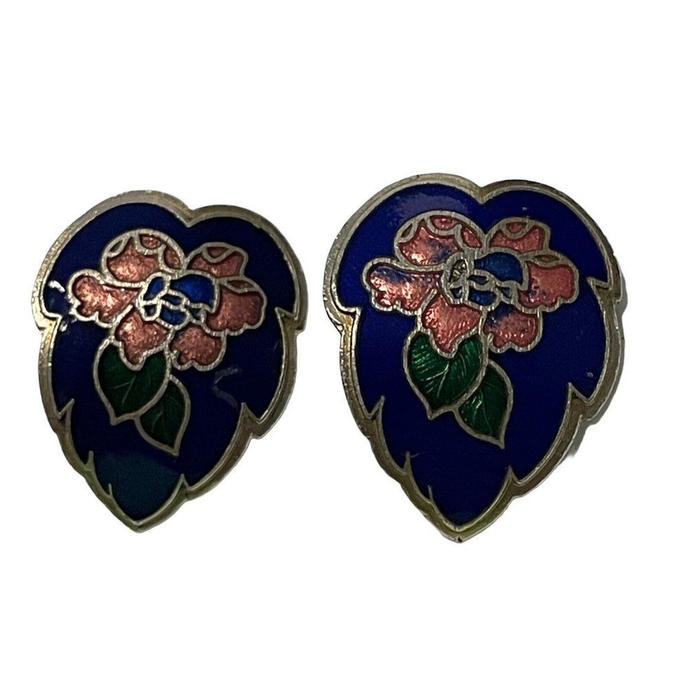 Vintage Clip On Earrings Blue Cloisonné Floral Flower Silver Tone Enamel